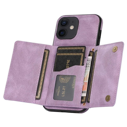 For iPhone 12 mini 5.4 inch Case Magnetic Button Tri-fold Wallet Kickstand PU Leather Coated TPU Cover