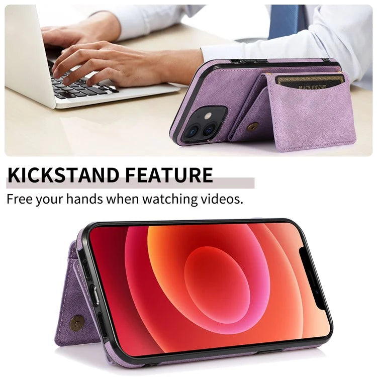 For iPhone 12 mini 5.4 inch Case Magnetic Button Tri-fold Wallet Kickstand PU Leather Coated TPU Cover