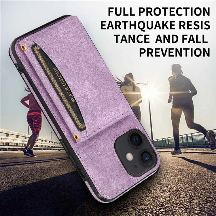 For iPhone 12 mini 5.4 inch Case Magnetic Button Tri-fold Wallet Kickstand PU Leather Coated TPU Cover