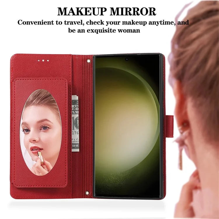 For Samsung Galaxy S24 Ultra Cell Phone Cases Folio Flip Leather Protection Cover with Mirror