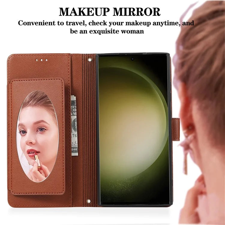 For Samsung Galaxy S24 Ultra Cell Phone Cases Folio Flip Leather Protection Cover with Mirror