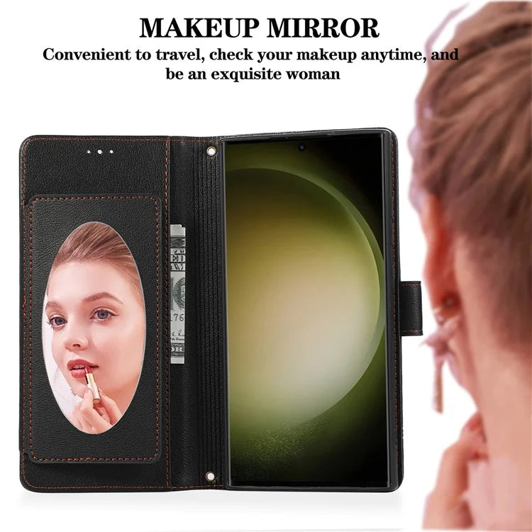 For Samsung Galaxy S24 Ultra Cell Phone Cases Folio Flip Leather Protection Cover with Mirror