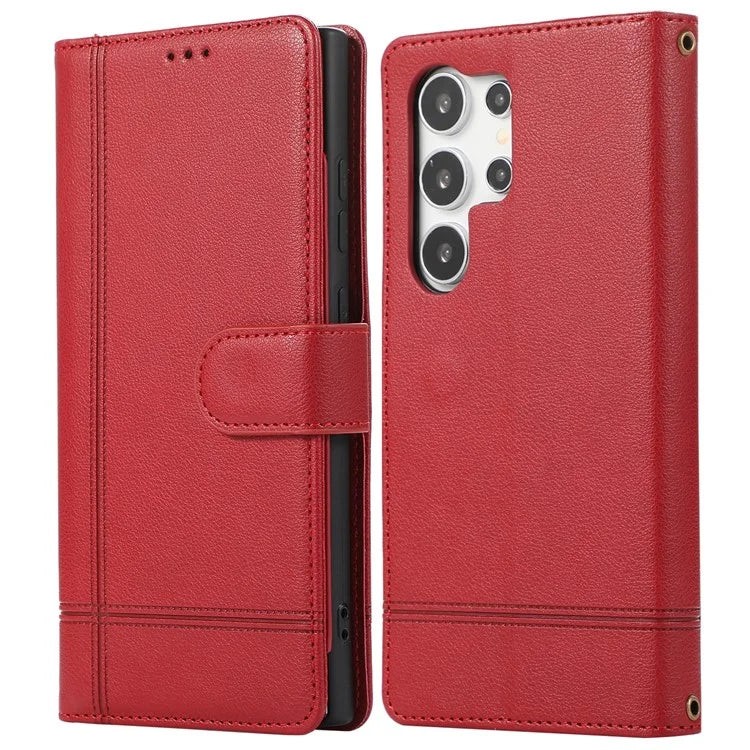For Samsung Galaxy S22 Ultra 5G Cell Phone Case Lines Imprint Leather Wallet Cover with Mirror