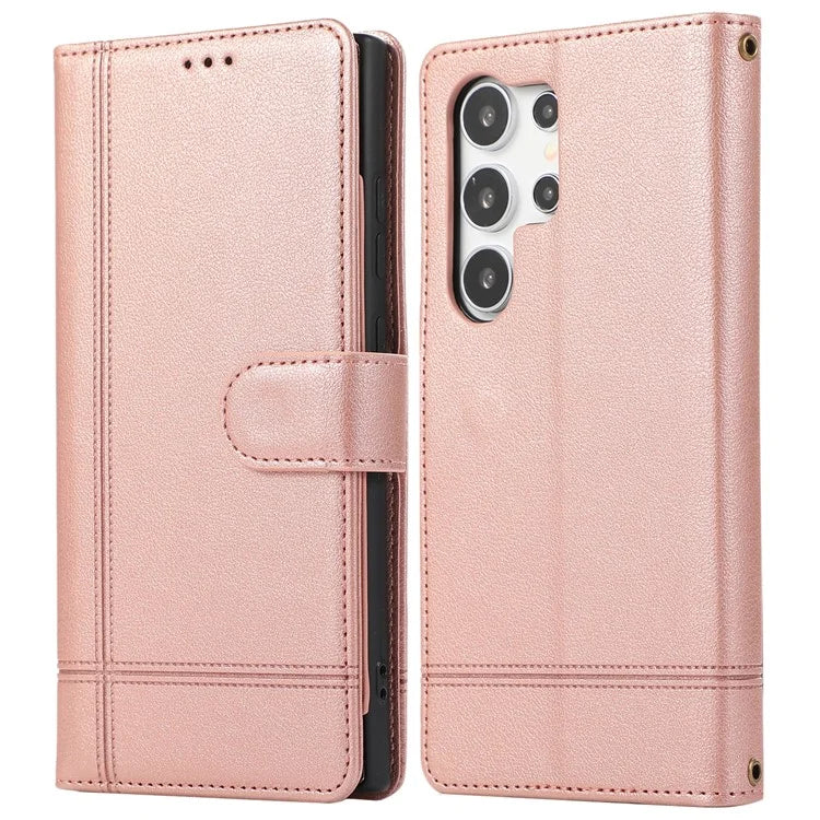 For Samsung Galaxy S22 Ultra 5G Cell Phone Case Lines Imprint Leather Wallet Cover with Mirror