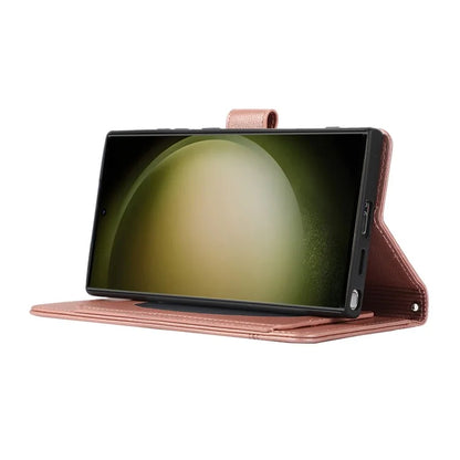 For Samsung Galaxy S22 Ultra 5G Cell Phone Case Lines Imprint Leather Wallet Cover with Mirror