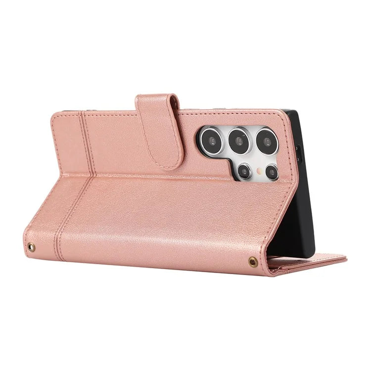 For Samsung Galaxy S22 Ultra 5G Cell Phone Case Lines Imprint Leather Wallet Cover with Mirror
