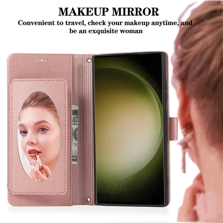 For Samsung Galaxy S22 Ultra 5G Cell Phone Case Lines Imprint Leather Wallet Cover with Mirror