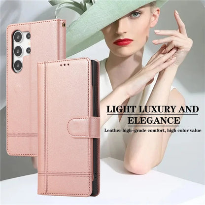 For Samsung Galaxy S22 Ultra 5G Cell Phone Case Lines Imprint Leather Wallet Cover with Mirror