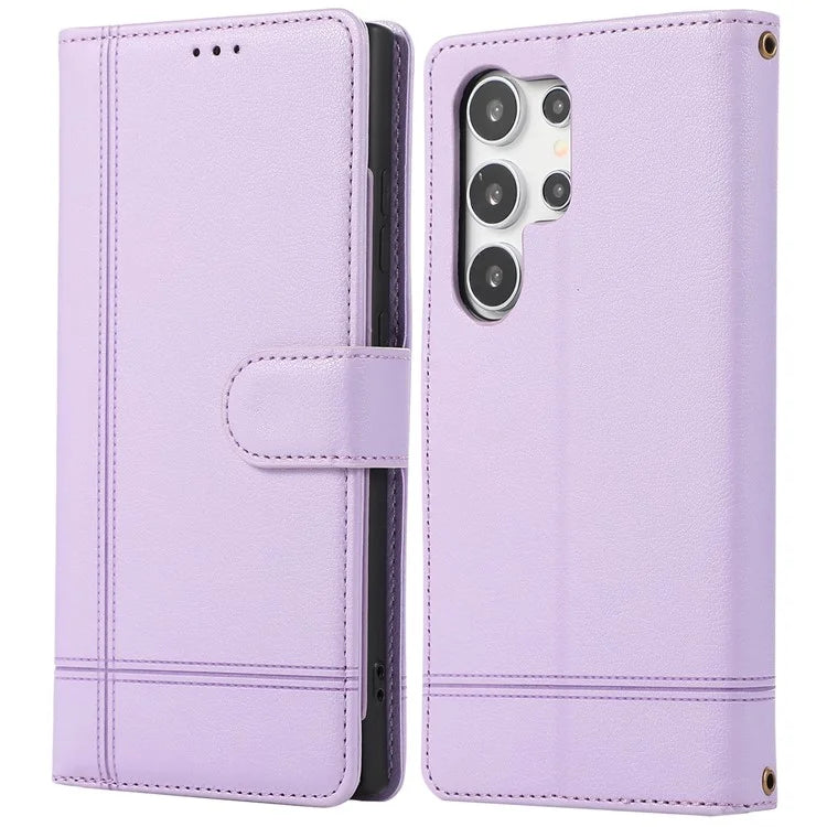 For Samsung Galaxy S22 Ultra 5G Cell Phone Case Lines Imprint Leather Wallet Cover with Mirror