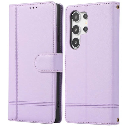 For Samsung Galaxy S22 Ultra 5G Cell Phone Case Lines Imprint Leather Wallet Cover with Mirror