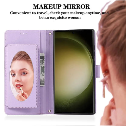 For Samsung Galaxy S22 Ultra 5G Cell Phone Case Lines Imprint Leather Wallet Cover with Mirror