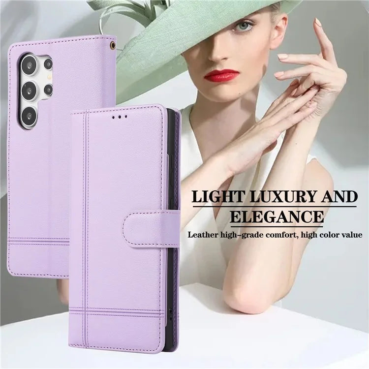 For Samsung Galaxy S22 Ultra 5G Cell Phone Case Lines Imprint Leather Wallet Cover with Mirror