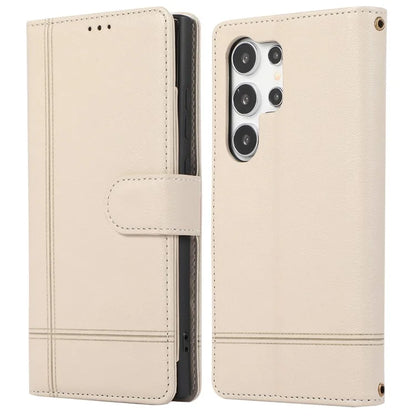 For Samsung Galaxy S22 Ultra 5G Cell Phone Case Lines Imprint Leather Wallet Cover with Mirror