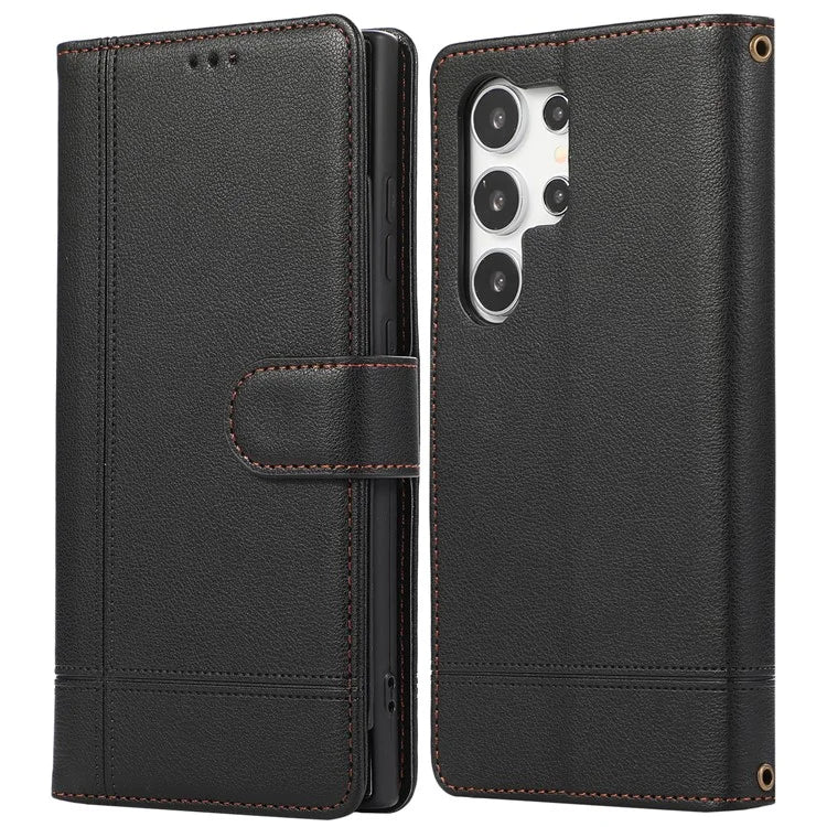 For Samsung Galaxy S22 Ultra 5G Cell Phone Case Lines Imprint Leather Wallet Cover with Mirror