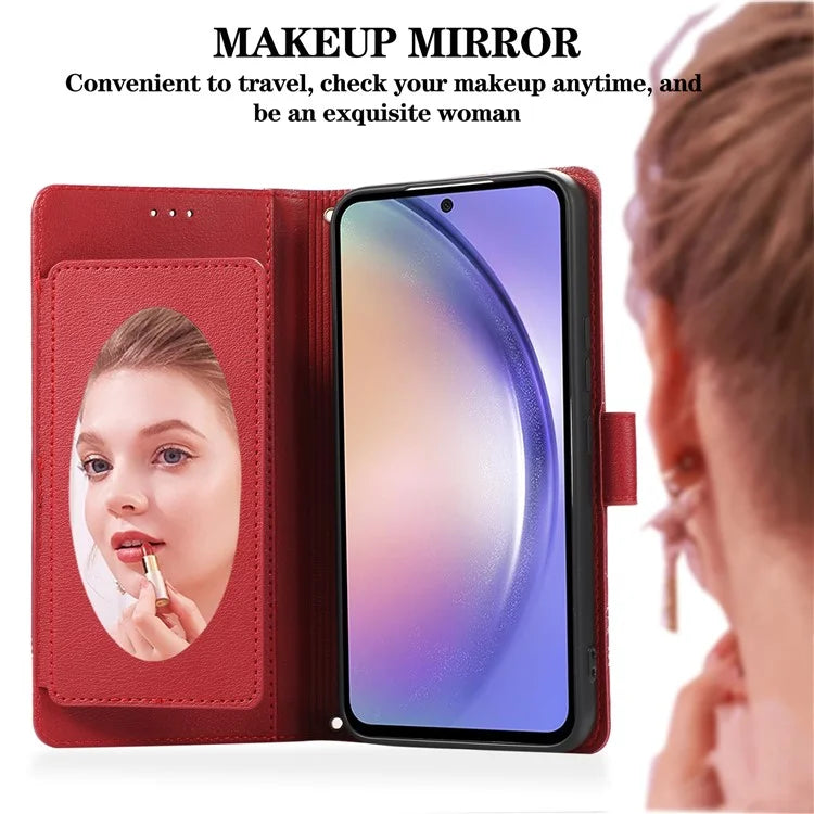 For Samsung Galaxy A54 5G Cell Phone Case Built-in Mirror PU Leather Wallet Stand Anti-drop Cover