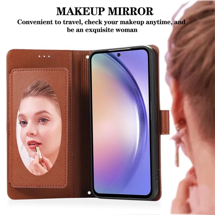 For Samsung Galaxy A54 5G Cell Phone Case Built-in Mirror PU Leather Wallet Stand Anti-drop Cover