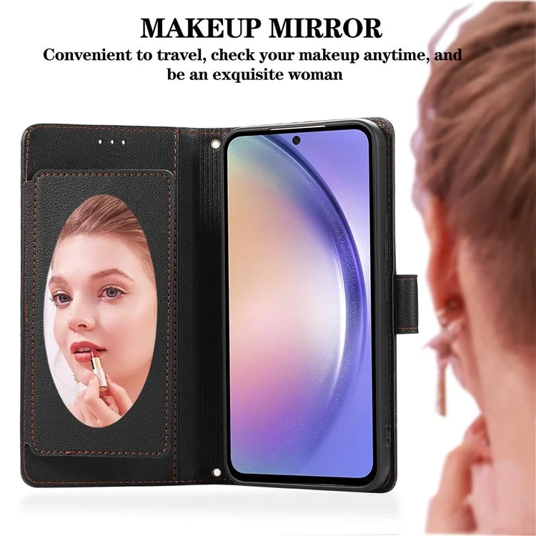 For Samsung Galaxy A54 5G Cell Phone Case Built-in Mirror PU Leather Wallet Stand Anti-drop Cover