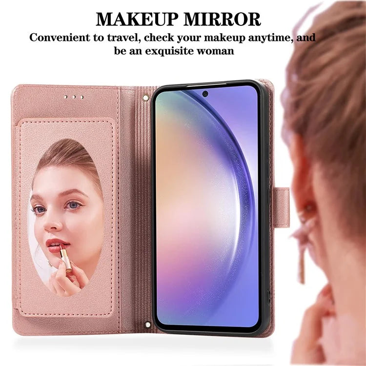 For Samsung Galaxy A54 5G Cell Phone Case Built-in Mirror PU Leather Wallet Stand Anti-drop Cover