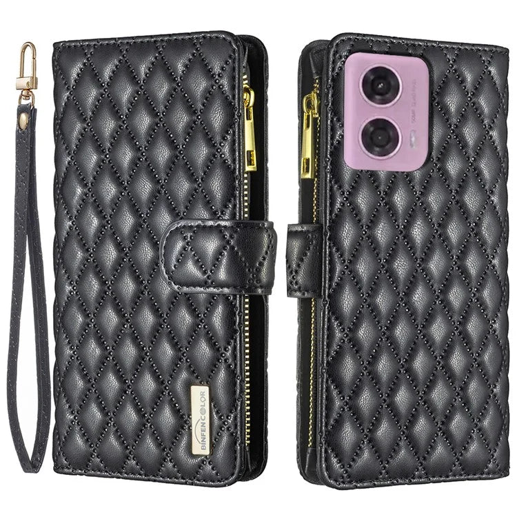 BINFEN COLOR BF Style-15 For Motorola Moto G24 4G / G04 4G PU Leather Phone Case Magnetic Closure Zipper Pocket