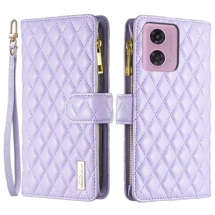 BINFEN COLOR BF Style-15 For Motorola Moto G24 4G / G04 4G PU Leather Phone Case Magnetic Closure Zipper Pocket