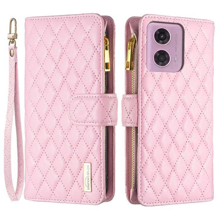 BINFEN COLOR BF Style-15 For Motorola Moto G24 4G / G04 4G PU Leather Phone Case Magnetic Closure Zipper Pocket