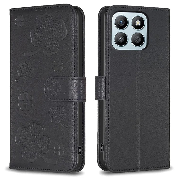 For Honor X8b 4G Leather Case Wallet Phone Cover Imprinted Clover Pattern