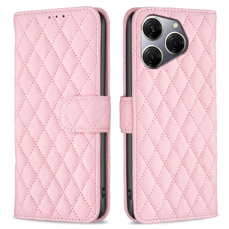 BINFEN COLOR BF Style-14 For Transsion Tecno Spark 20 Pro Leather Wallet Case Rhombus Grid Pattern