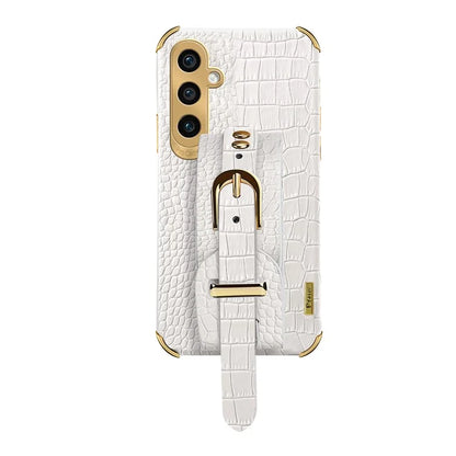 For Samsung Galaxy A05s 4G Cell Phone Case Electroplated Leather+TPU Anti-scratch Cover with Wristband