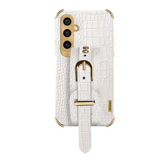 For Samsung Galaxy A05s 4G Cell Phone Case Electroplated Leather+TPU Anti-scratch Cover with Wristband