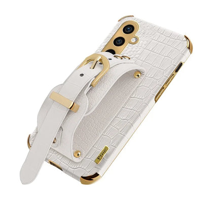 For Samsung Galaxy A05s 4G Cell Phone Case Electroplated Leather+TPU Anti-scratch Cover with Wristband