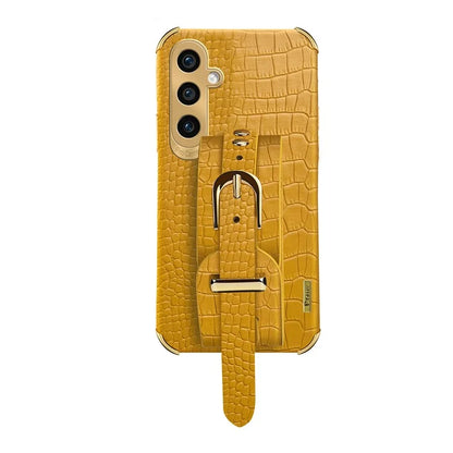 For Samsung Galaxy A05s 4G Cell Phone Case Electroplated Leather+TPU Anti-scratch Cover with Wristband