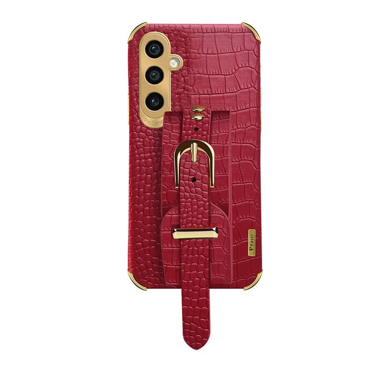 For Samsung Galaxy A05s 4G Cell Phone Case Electroplated Leather+TPU Anti-scratch Cover with Wristband