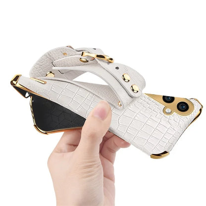 For Samsung Galaxy A05s 4G Cell Phone Case Electroplated Leather+TPU Anti-scratch Cover with Wristband