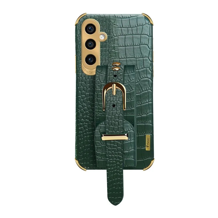 For Samsung Galaxy A05s 4G Cell Phone Case Electroplated Leather+TPU Anti-scratch Cover with Wristband