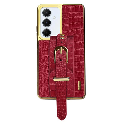 For Samsung Galaxy A55 5G Cell Phone Case Electroplating Leather+TPU Wristband Kickstand Cover