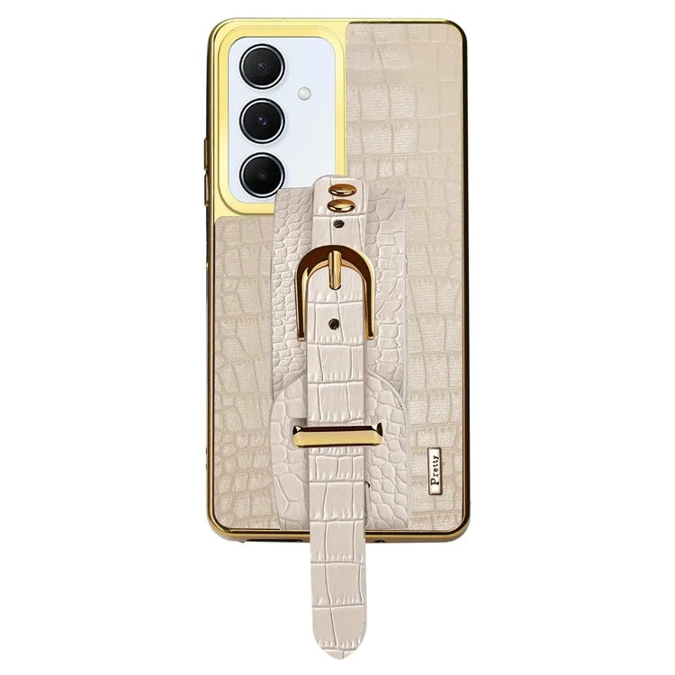 For Samsung Galaxy A55 5G Cell Phone Case Electroplating Leather+TPU Wristband Kickstand Cover