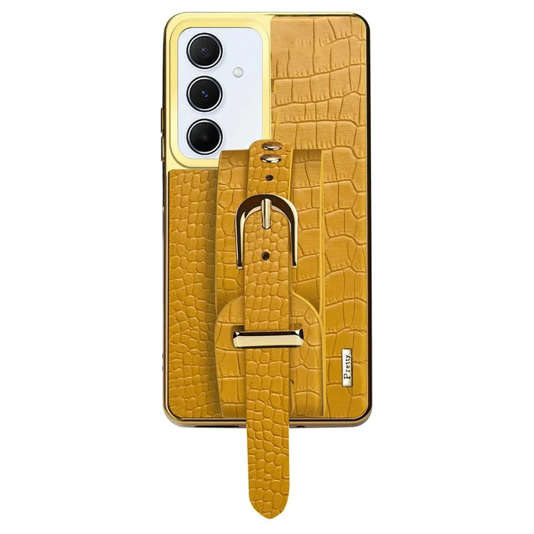 For Samsung Galaxy A55 5G Cell Phone Case Electroplating Leather+TPU Wristband Kickstand Cover