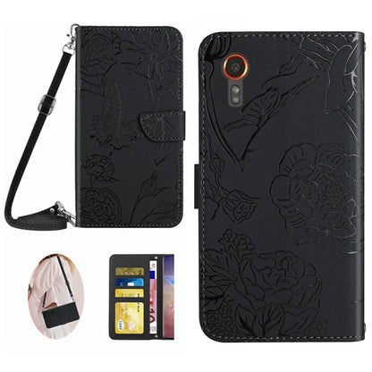 HT03 For Samsung Galaxy Xcover 7 Leather Wallet Case Butterfly Flower with Shoulder Strap