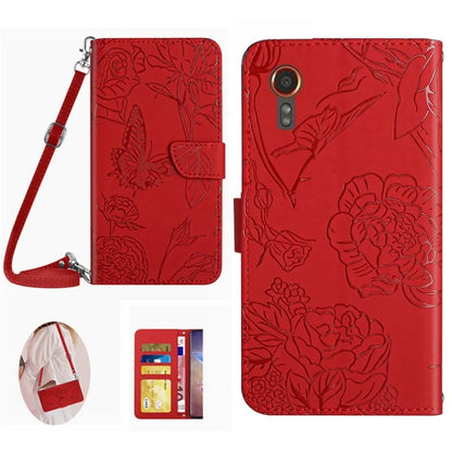 HT03 For Samsung Galaxy Xcover 7 Leather Wallet Case Butterfly Flower with Shoulder Strap
