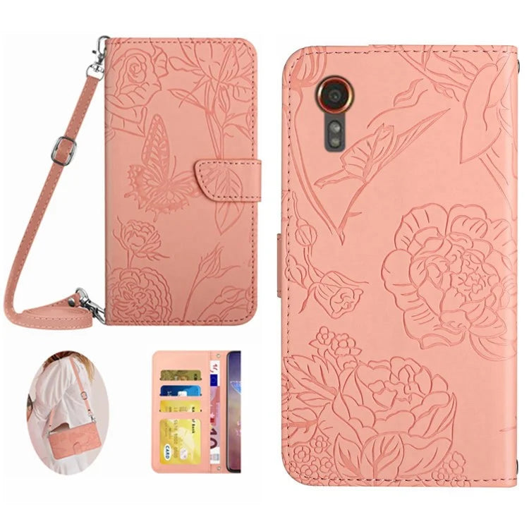 HT03 For Samsung Galaxy Xcover 7 Leather Wallet Case Butterfly Flower with Shoulder Strap