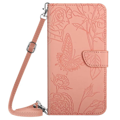 HT03 For Samsung Galaxy Xcover 7 Leather Wallet Case Butterfly Flower with Shoulder Strap