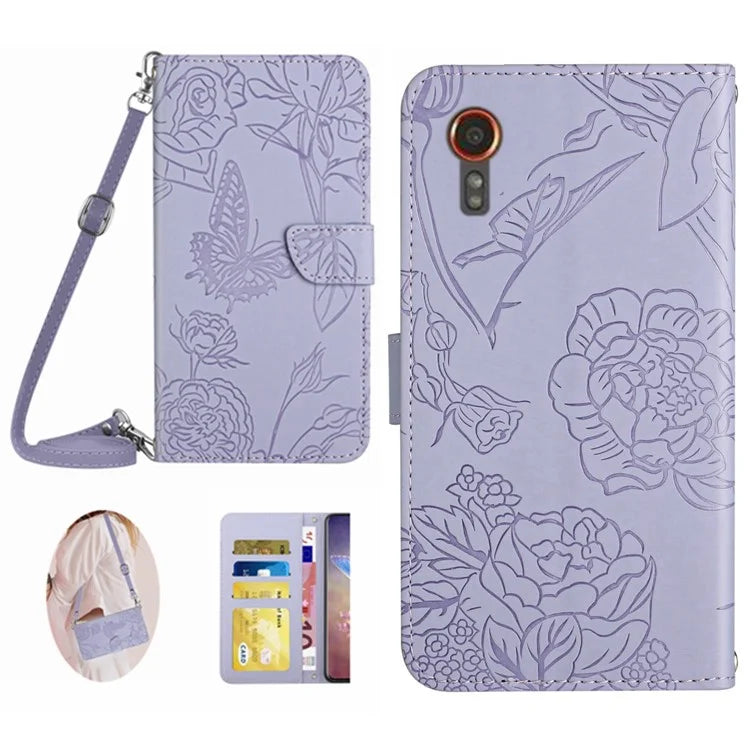 HT03 For Samsung Galaxy Xcover 7 Leather Wallet Case Butterfly Flower with Shoulder Strap