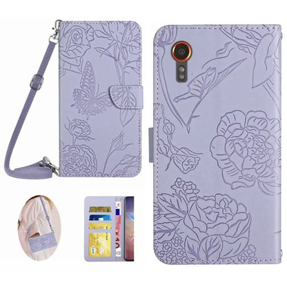 HT03 For Samsung Galaxy Xcover 7 Leather Wallet Case Butterfly Flower with Shoulder Strap