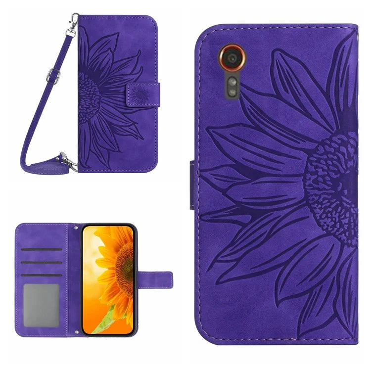 HT04 For Samsung Galaxy Xcover 7 Leather Case with Shoulder Strap Wallet Phone Cover