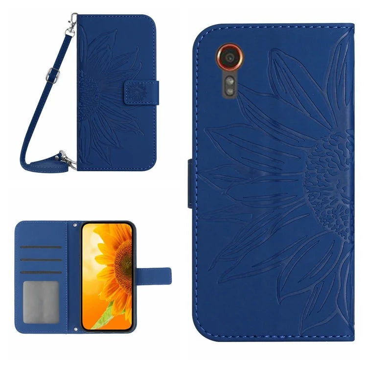 HT04 For Samsung Galaxy Xcover 7 Leather Case with Shoulder Strap Wallet Phone Cover