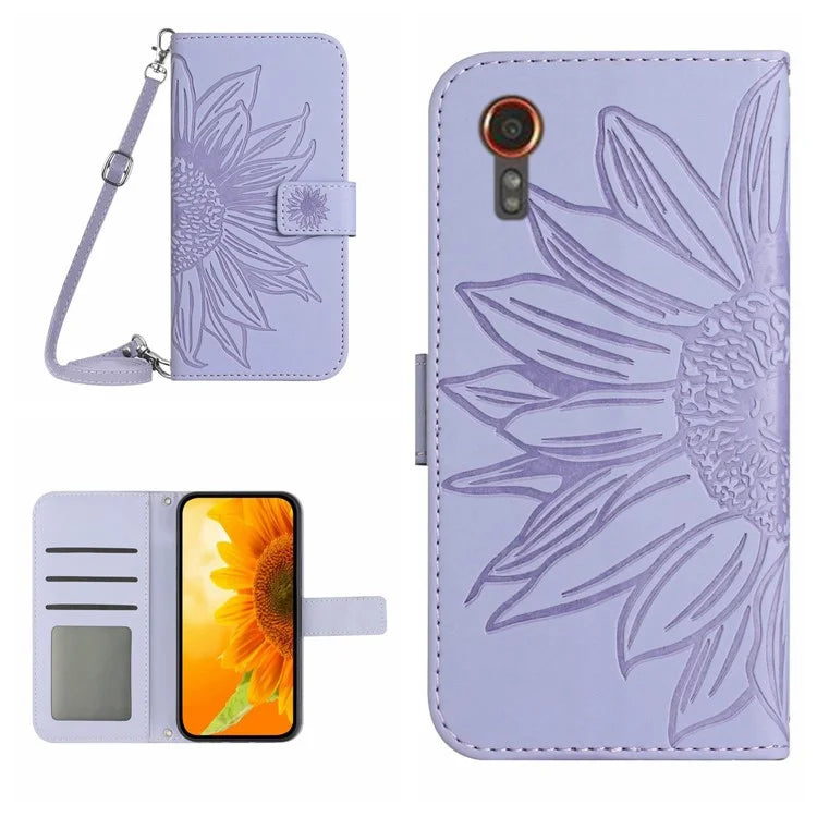 HT04 For Samsung Galaxy Xcover 7 Leather Case with Shoulder Strap Wallet Phone Cover