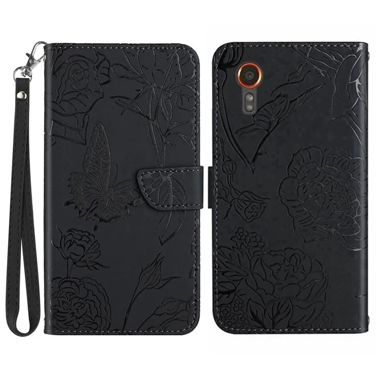HT03 For Samsung Galaxy Xcover 7 Leather Case with Hand Strap Butterfly Flower Pattern