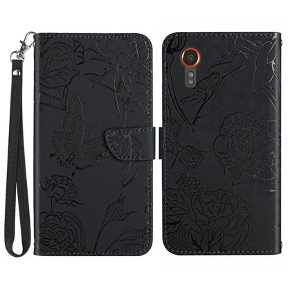 HT03 For Samsung Galaxy Xcover 7 Leather Case with Hand Strap Butterfly Flower Pattern