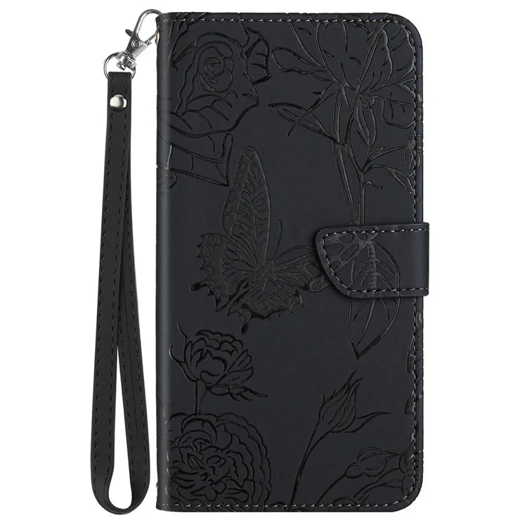 HT03 For Samsung Galaxy Xcover 7 Leather Case with Hand Strap Butterfly Flower Pattern