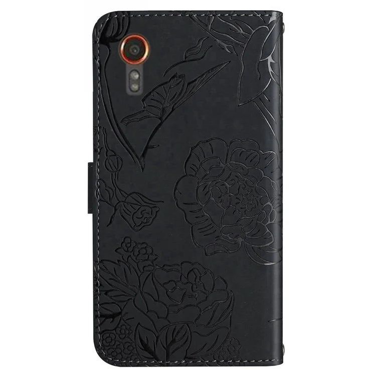 HT03 For Samsung Galaxy Xcover 7 Leather Case with Hand Strap Butterfly Flower Pattern
